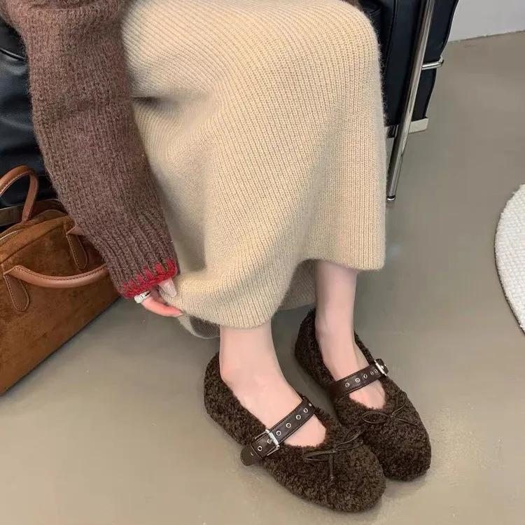 Podzim Zima Krátký Plyš Dámské Teplé Ploché Boty Módní Motýlek Spona Pásku Boty Dámské Baletní Styl Mary Jane Boty