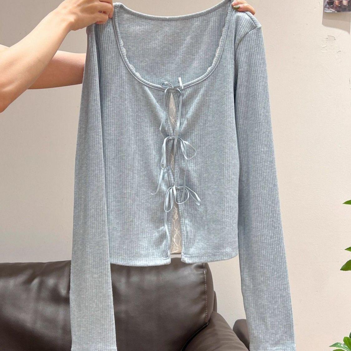 Pure Desire Women s Lace Bow Square Neck Long Sleeve Slimming Top - Autumn 2025 Collection Large светло-синий