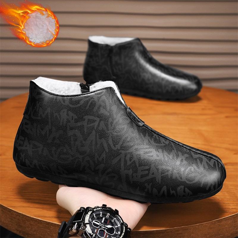 Men's Winter Warm Snow Boots Lightweight Non-Slip Faux Fur Lined Short Ankle Booties Comfortable PU Leather Walking Business Casual Work Shoes for Men
