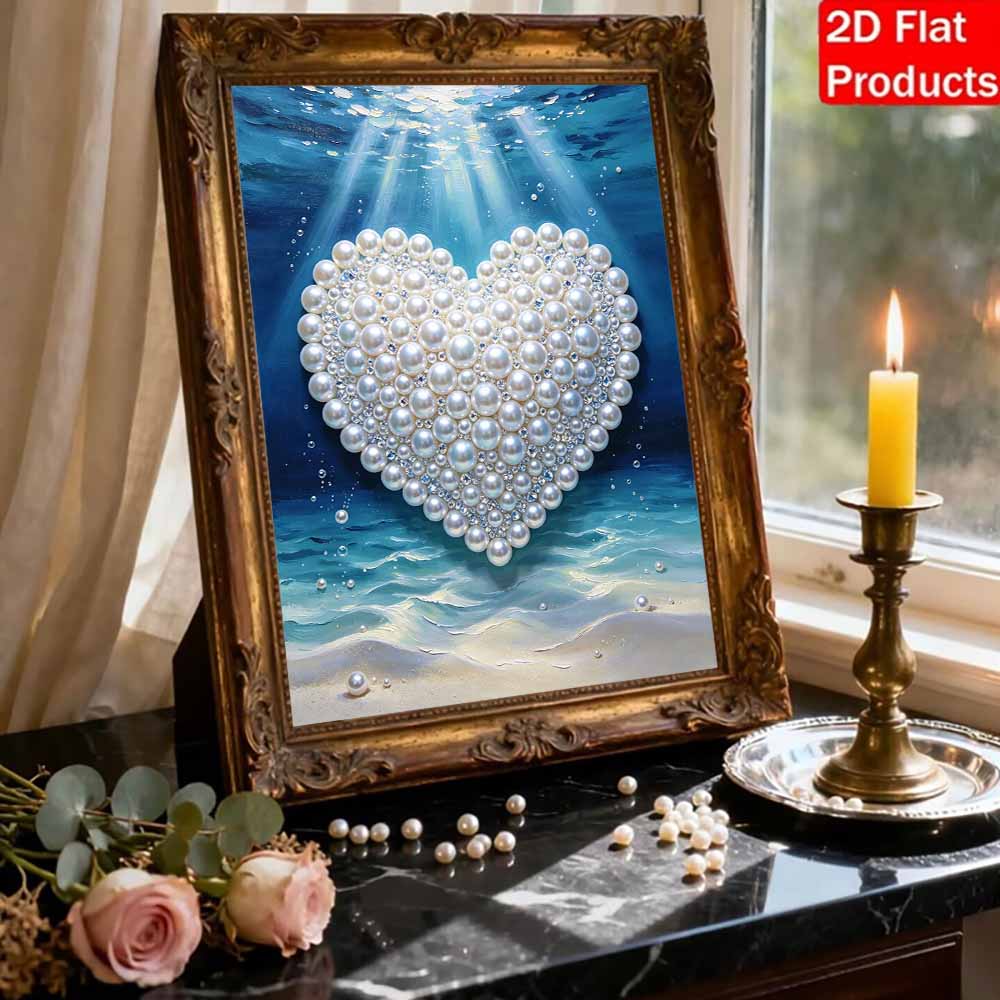 Framed Pearl Painting Kit Ocean Heart Design DIY Bead Canvas Art Ready To Display Romantic Room Decor Gift for Valentine's Day
