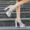 Mode 14cm High Heels, Große Größe 35-46 Mesh Spitze Sexy Sandalen für Damen Sommer Plateau Sandale Mode Glänzendes Leder Komfort Pantoletten