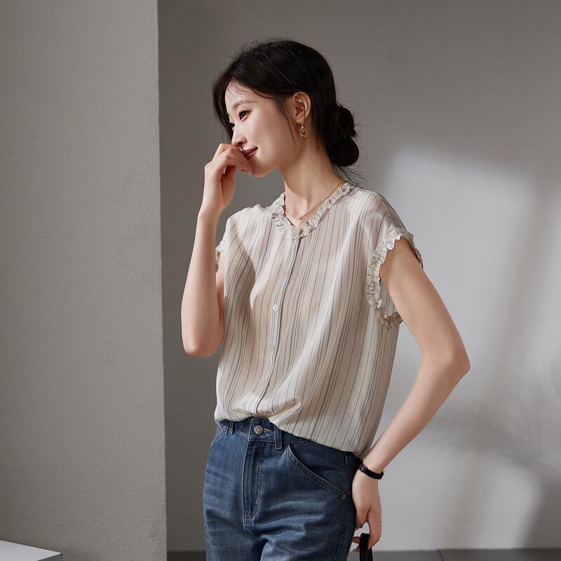 SOFSIL Women s Elegant Ruffle Trim Striped Silk Blouse M