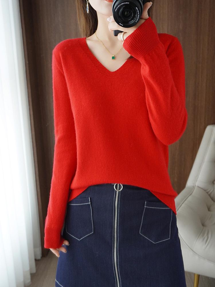 Korean Style Plus Size Women's Red Knit Sweater - Autumn Long Sleeve Base Layer