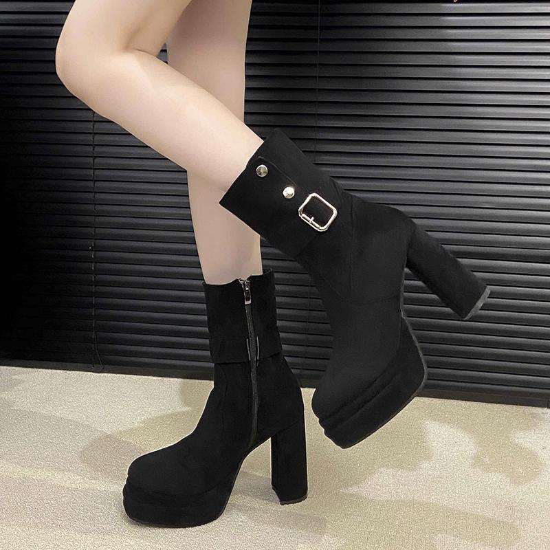 Fashion Niche Retro Block-heeled High-heeled Shoes for Women 2025 New Summer Versatile, Thin and Heightened Small Mid-leg Boots