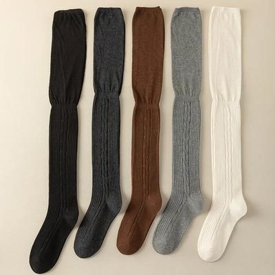 Meias femininas de algodão tricotadas de cor sólida, meias longas até a coxa, meias JK para meninas, meias fofas Lolita até o joelho, meias até a coxa