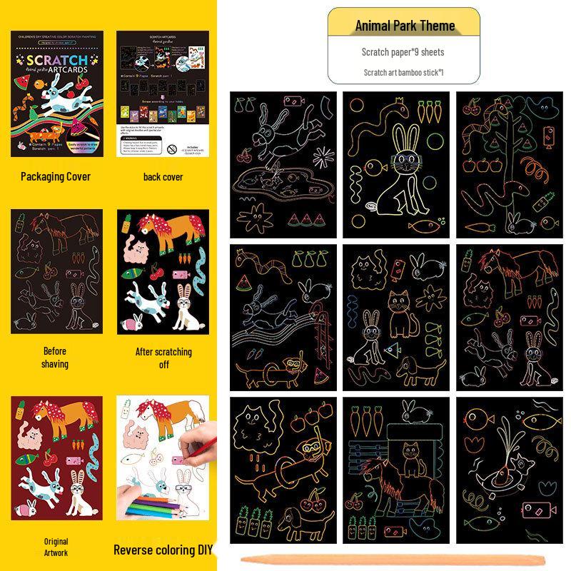 Färgglatt Skrapkonstset: Tecknad DIY Klotter- och Ritbok för Barn