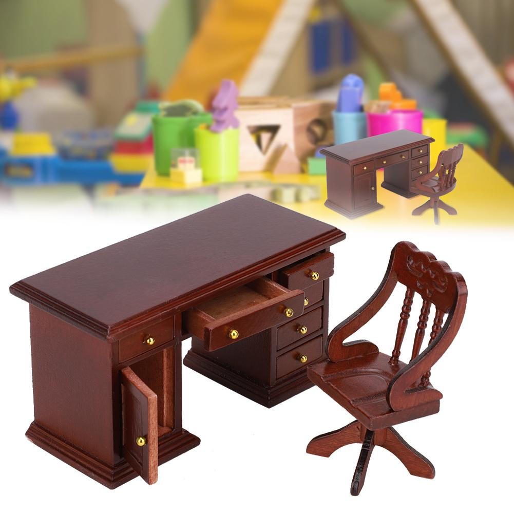 1:12 Mini Furniture Model Wooden Desk Chair Children"s Study Decoration Doll House AccessoriesDesk