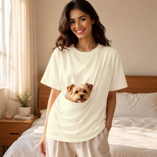 Solid Color T-shirt Women Pet Pouch T-Shirt, Dog Cat Carrier Short Sleeve Shirt for Hands Free Carrying Clothing Summer, Loose Casual Crew Neck