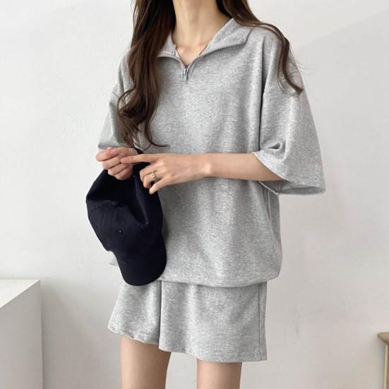 2 Pcs/Set Sweatshirt Shorts Set  Loose Solid Color Lapel Half Sleeves Pockets Elastic Waist Zipper Collar Breathable Soft Summer Tracksuit