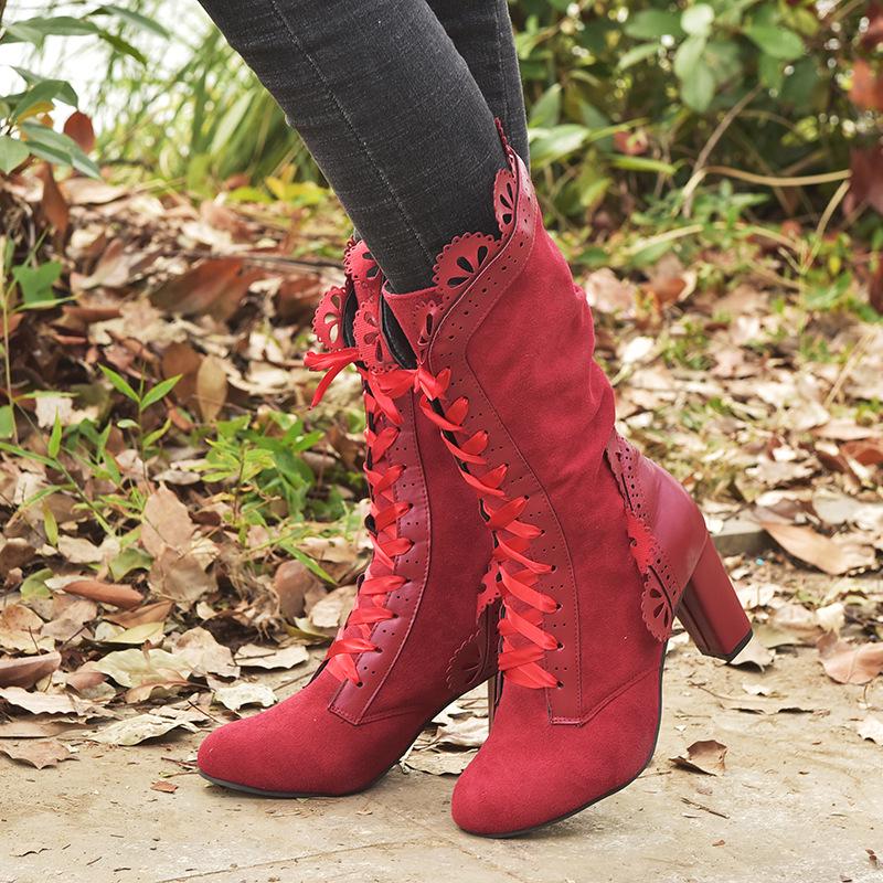 Botas de Mujer de Cuero con Encaje y Tacón Alto Invierno 2021