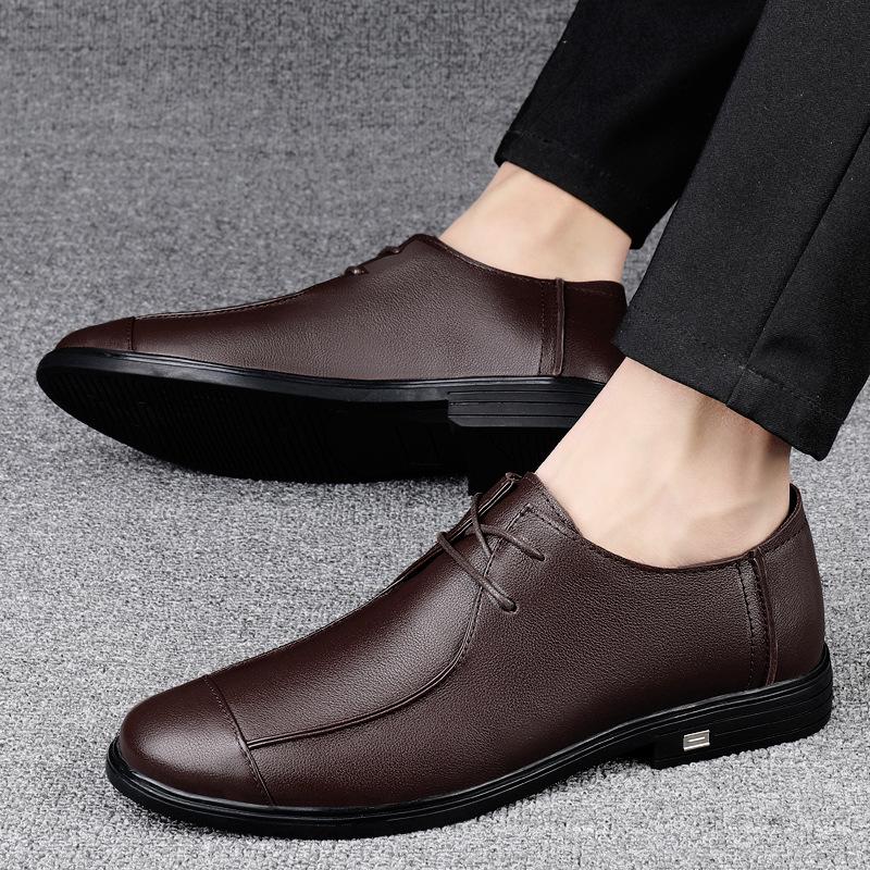 Spring & Autumn Men's Height Increasing Genuine Leather Lace-up Casual Shoes - Soft Sole, Large Size