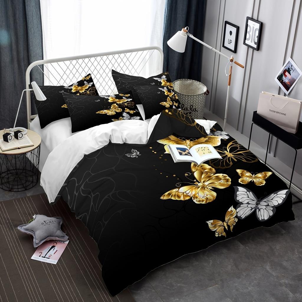 Set cuvertură de pilota 2/3 buc. Set de lenjerie de pat cu fluture negru și auriu husă de pilota moale și confortabilă
