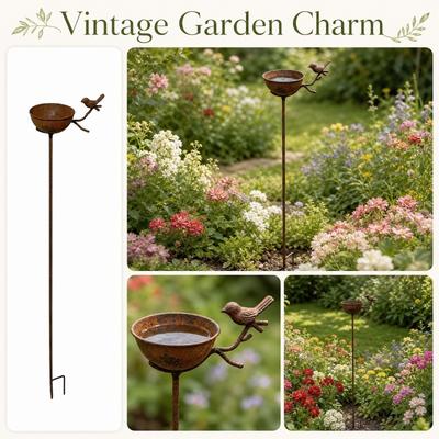 Outdoor Garden Bird Bath Stake with Rust Finish Metal Construction Vintage Style Yard Decoration Bird Feeder Stand