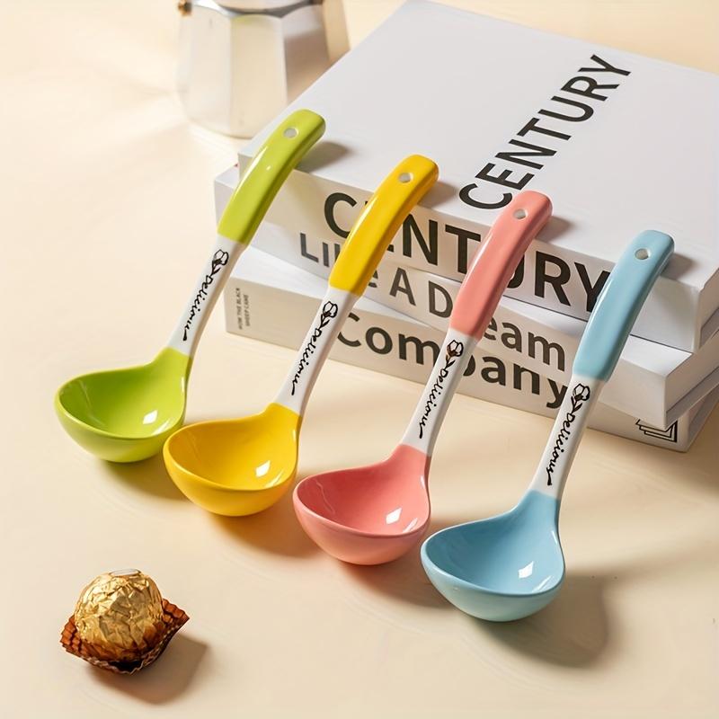 4pcs, Soup Spoon, Ceramic Soup Spoon, Cute Ceramic Soup Spoon, Kitchen Soup Spoon With Long Handle, Hangable Soup Spoon For Noodles, Kitchen Stuff