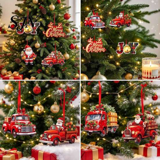 Creative Party Tree Accents 12/24/36Pcs Christmas Wooden Ornaments, Santa Claus Red Truck Hanging Decorations with Rope, Festive Home Xmas Pendant,