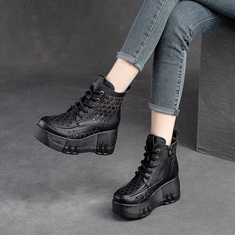 Mode GKTINOO 7cm Atmungsaktiv Sommer Hohl Damen Mokassins Reißverschluss Weich Mode Sandalen Schuhe Damen Echtes Leder Stiefeletten
