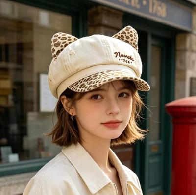 New Fashionable Sweet and Cool Style Cat Ears Leopard Print Beret Student Cute Funny Octagonal Hat Shows Small Face