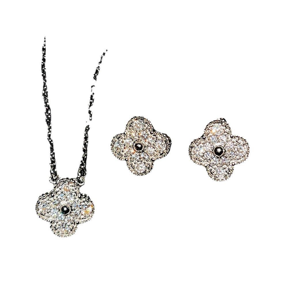 Full Diamond Four Leaf Flower Necklace Pendant Long Necklace Dinner Elegant Super Fairy Earrings Four Grass Flower Bracelet Jewelry Set
