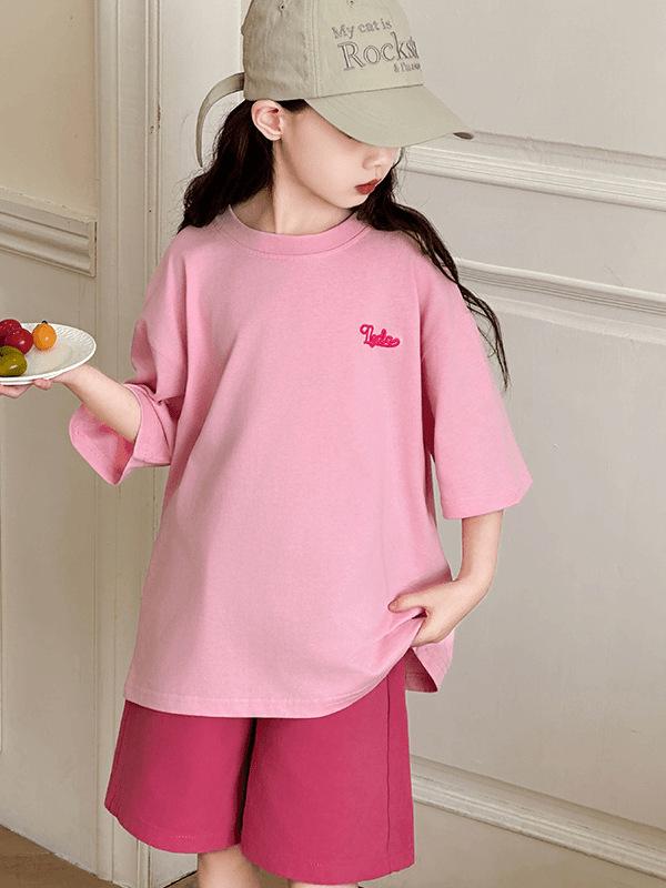 Summer 2026 Girls' Cartoon Print Two-Piece Set: Casual Loose T-Shirt and Shorts