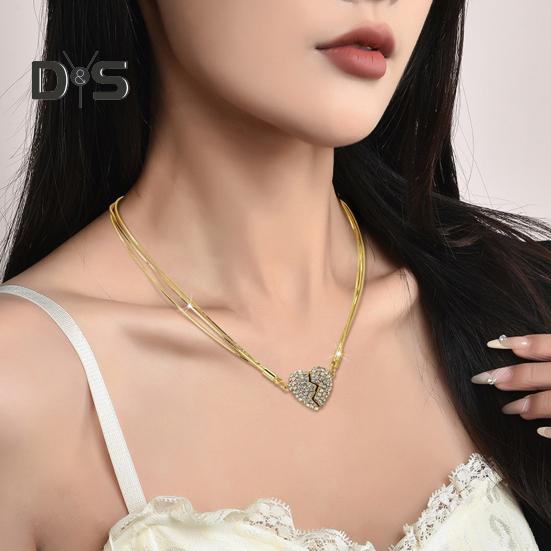 Women Necklace Magnetic Matching Broken Heart Pendant Rhinestone Adjustable Length Hematite Therapy Natural Neck Pain Relief Migraine Healing Choker