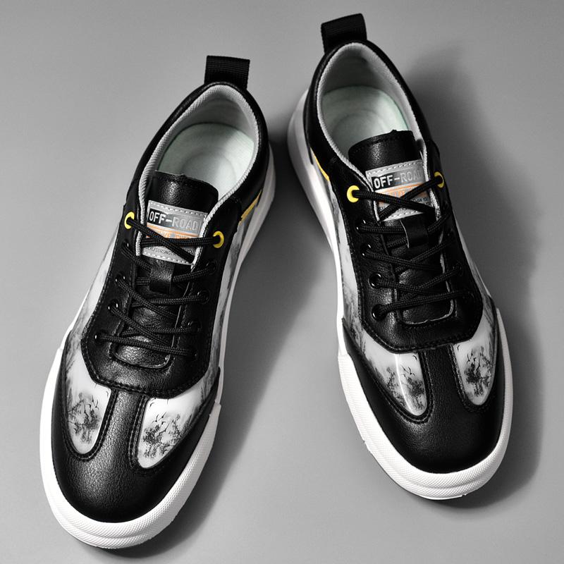 Brand Ink Painting Style Men Leather Casual Shoes Fashion Black Sneakers Flat Male Designer Shoe Mens Outdoor Walking Footwear