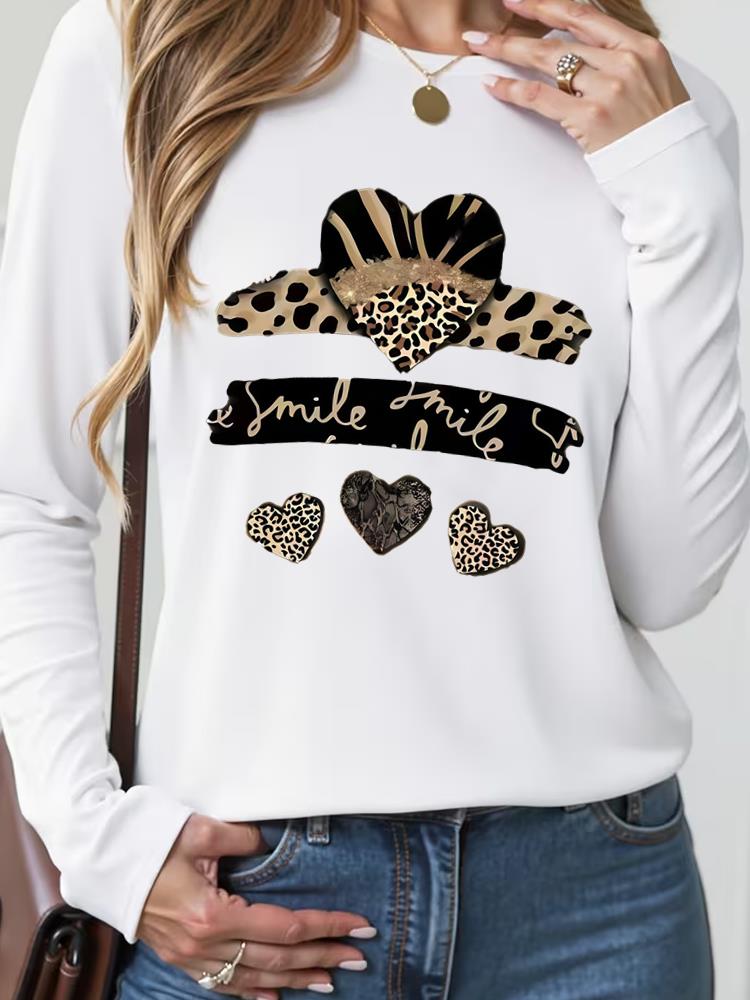 

(Asian Size) Casual Fashion Print T Shirt flower lovely style Tee Women Clothing autumn winter spring Top o-neck Graphic Long Sleeve T-shirts S
