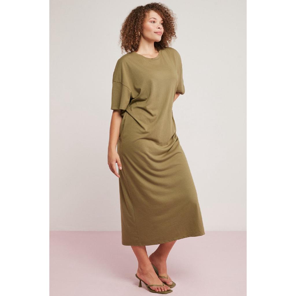 Morganne Woman 100% Cotton Draped Bat Sleeve Slit Comfort Fit Khaki Big Size Dress