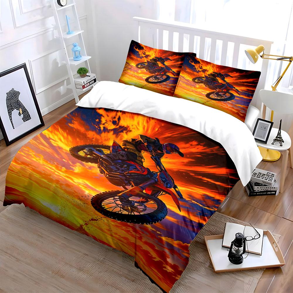 Motocross Motor Fiets Sprong Zonsondergang Scène Beddengoed Dekbedovertrek Set (1*Dekbedovertrek 2*Kussenslopen, zonder dekbedvulling)