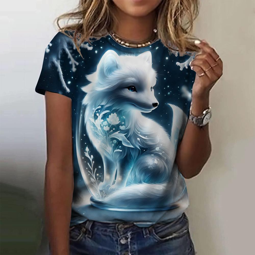 3D Printed Fox Pattern Women's T-shirt Summer Casual Round Neck Top Short Sleeve Loose T-shirt Daily Outing Short Sleeve