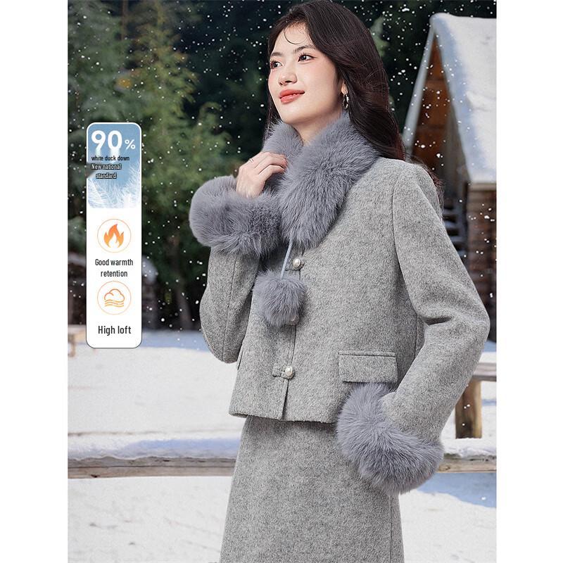 

Women s 90% White Duck Down Wool Blend Coat with Fur Collar XL