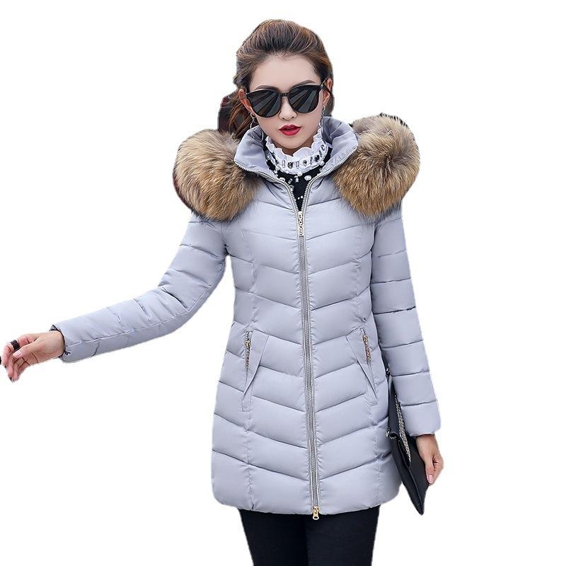 Daily outer wear medium and long padded jacket women's slim-fitting large fur collar padded jacket, simple pocket design solid color thickened lady