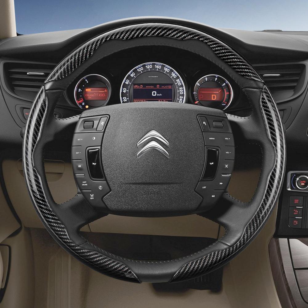 Suitable for Citroen Carbon Fiber Texture Steering Wheel Cover with Segmented Quick-Release Design, Durable Black Accessories for Models Such as C3, C
