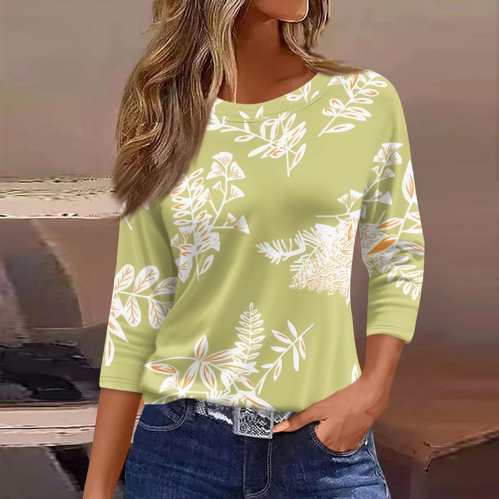 Women's Three-Quarter Sleeve Shirt, Round Neck, Loose Fit, Casual Shirt, Floral Print T-Shirt, Summer