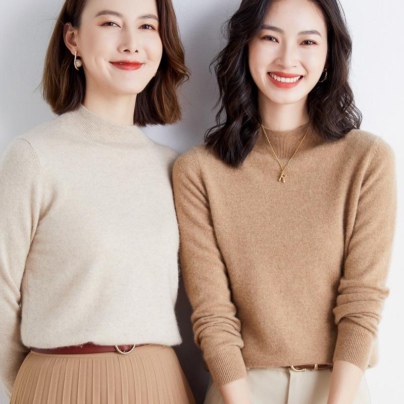 Korean Style Women's Slimming Knit Wool Pullover With Half-High Neck for Autumn and Winter