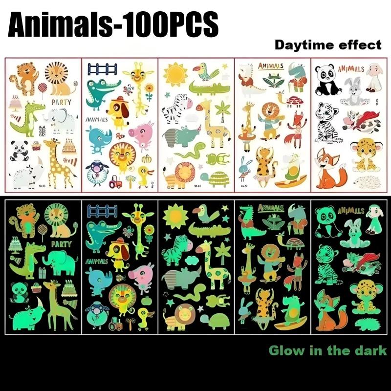 Glow in The Dark Tattoo Stickers for Kids Party Animal Themed Temporary Tattoos Fluorescent Body Art Decorations Safe Washable