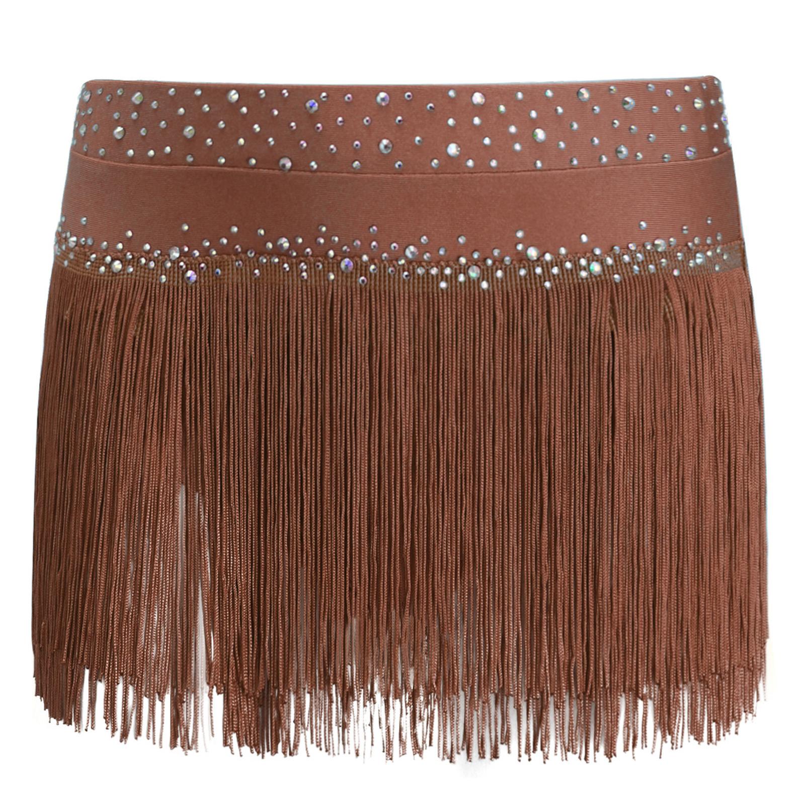 

Girls Sparkly Rhinestones Tassel Brief Skirt Solid Color Latin Dance Stage Performance Wear 15-16 Years коричневий