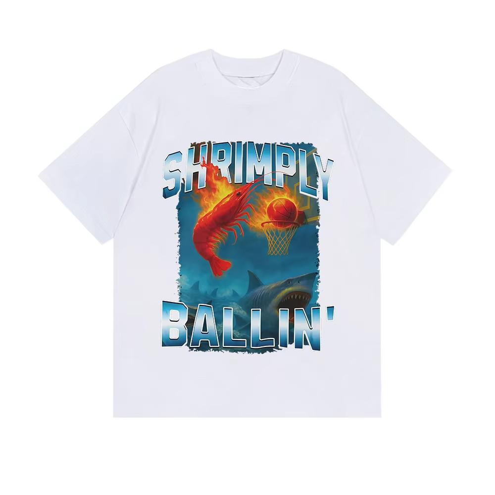 

Funny Shrimp Basketball Meme Tshirt Men Women Humor Shrimply Ballin Short Sleeve T Shirt Fashion Oversized Cotton Tshirts S