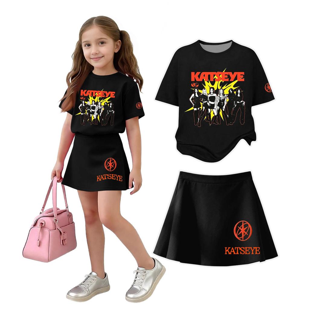 Girls Casual Loose Fit Short Sleeve Crew Neck T-Shirt and Skirt Set Lightweight Comfortable Soft Fabric Suitable for Everyday Wear