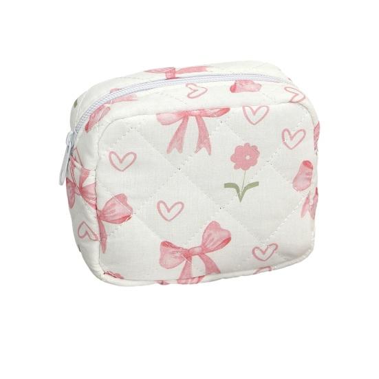 

Cute Small Makeup Pouch Bow/Floral Quilted Cosmetic Organizer for Travel Daily Puffy Cotton Toiletry Pencil Purse with Zipper for Women