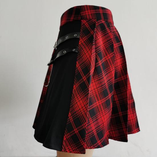Women Mini Skirt Checkered Print Contrasting Color Pleated Skirt High Waist Metal Chains Belts Decoration Irregular Skirt