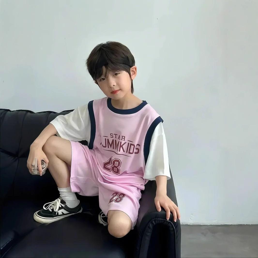 

2025 Boys Quick-Dry Summer Basketball Set - Short-Sleeve, Fake Two-Piece Design 80cm