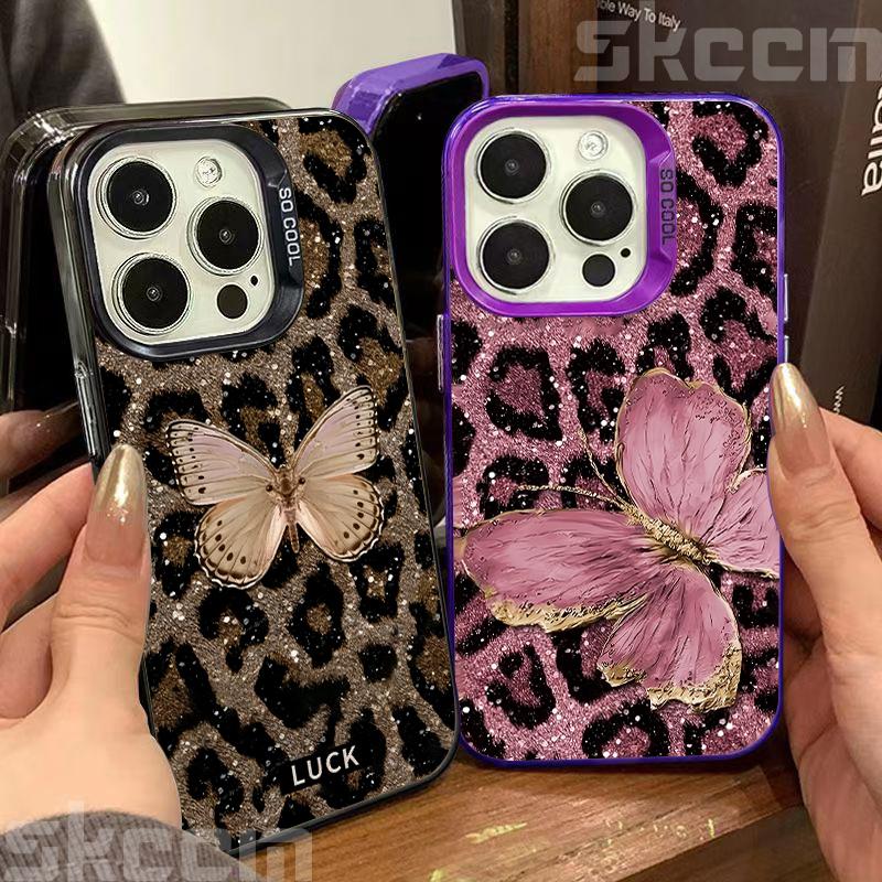 Luxury Butterfly Leopard Print Phone Case For iPhone 16 16E 15 14 13 12 11 Pro Max X XS XR 7 8 Plus SE Shockproof Hard Cover