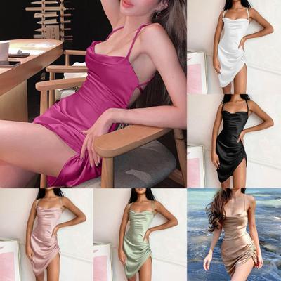 Spaghetti Strap Solid Color Satin Dress Shirring Irregular Hem Backless Sling Mini Dress Streetwear