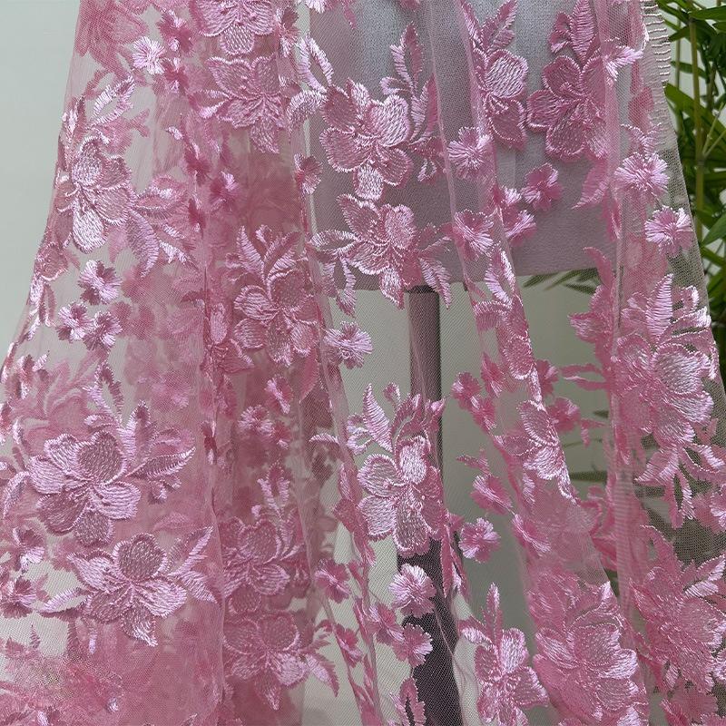 

Floral Embroidered Tulle Lace Fabric 130cm Wide Diy Mesh Lace Embroidery Clothes Wedding Party Evening Dress Accessories 100x130cm рожевий