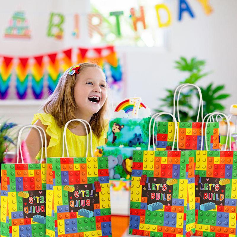 Building Blocks Brick Party Favors Gift Bags, Treat Paper Bag With Handle For Boy Kids Birthday, Baby Shower Decorations, 20Pcs