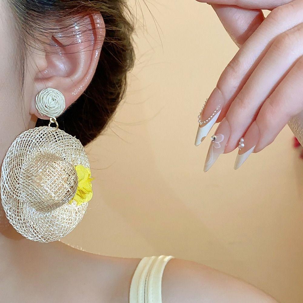Flower Rattan Weave Earrings Vacation Style Bohemian Drop Earrings Straw Hat Earring  Wedding