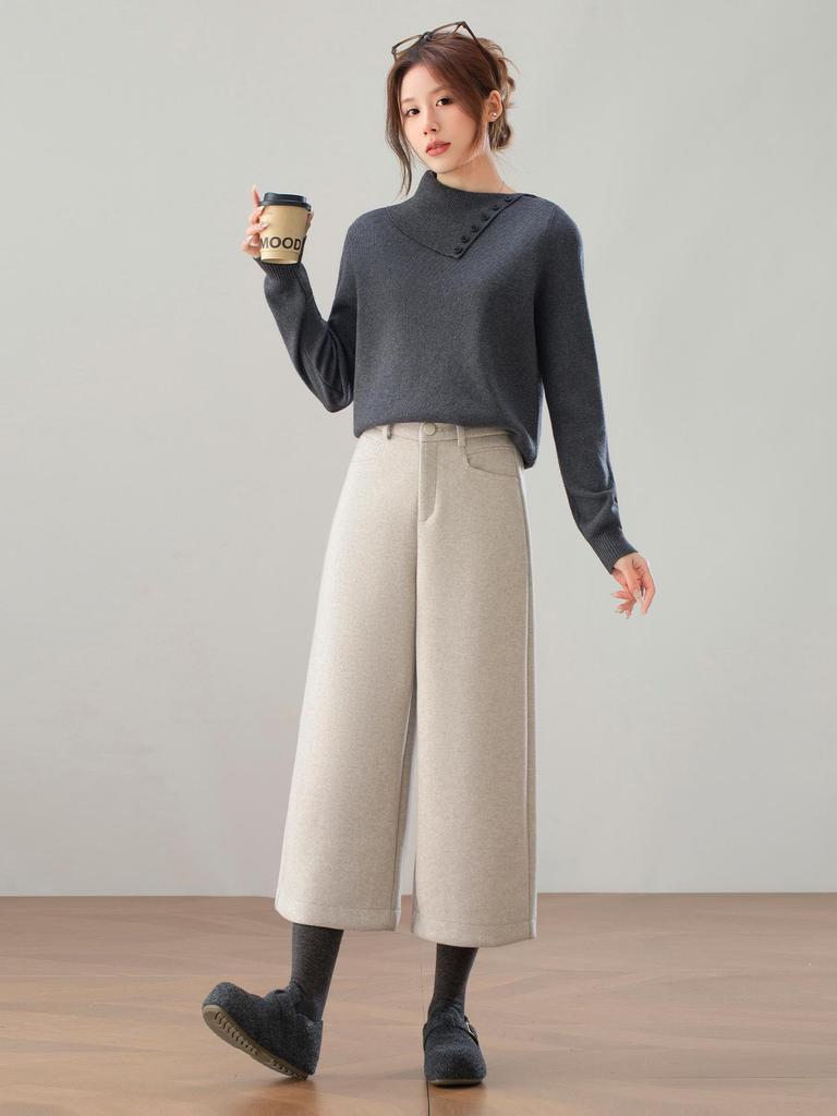 Women's 2025 Winter High-Waisted Wool Blend Wide-Leg Pants: Petite & Plus, Thickened, Slimming, Casual Cropped Commuter Style.
