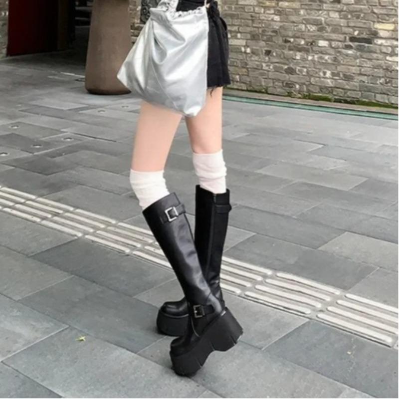 Women's Knee Boots Fashionable Belt Buckle Platform Women's Boots Classics Round Toe Wedge Women's S High Boots Botas Para Mujer