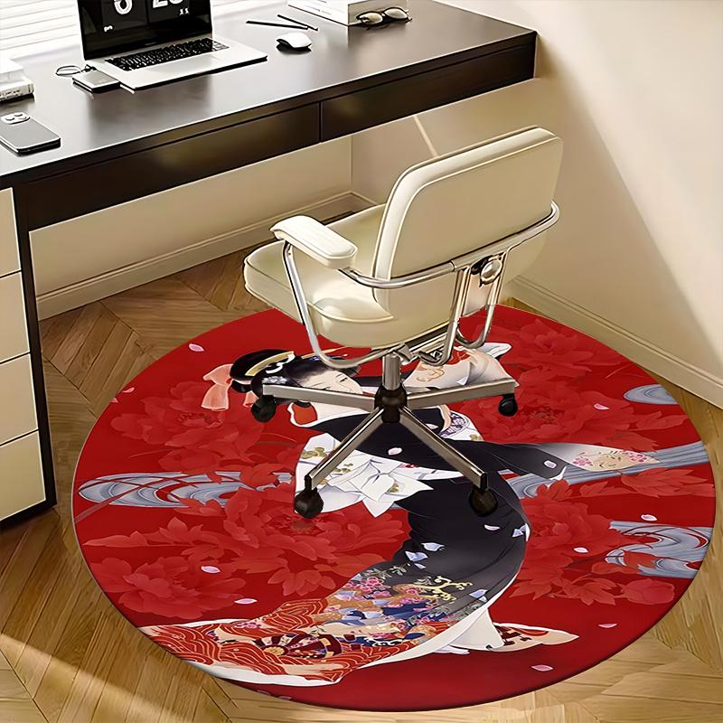 Traditional Japanese Kimono,Geisha Dance Chair Mat Round Rug Office Carpet, Non Slip, Suitable for Living Rooms, Bedrooms Decor.1205227a
