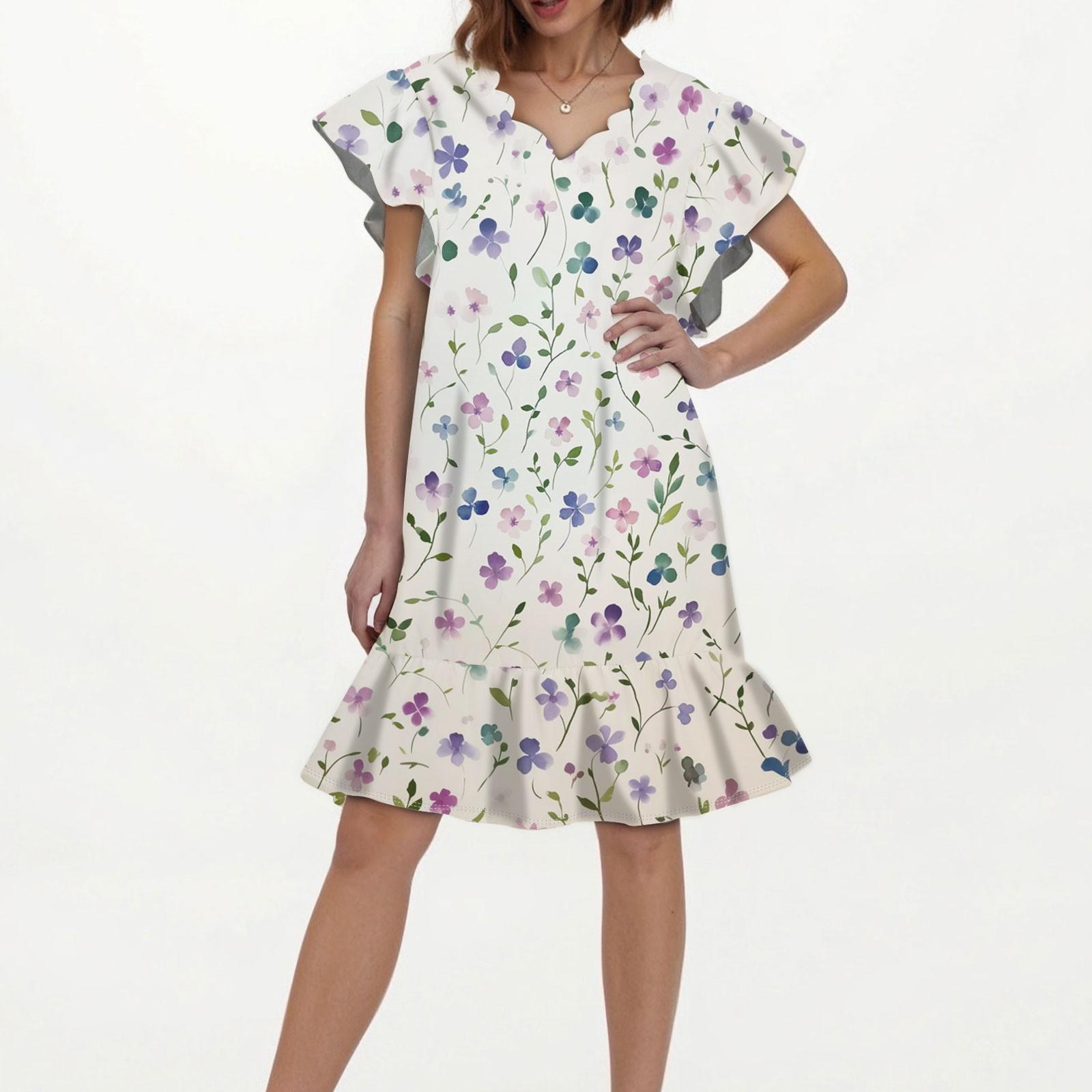 

Женское модное повседневное платье с V-образным вырезом и волнистым краем с цветочным принтом и коротким рукавом M белый